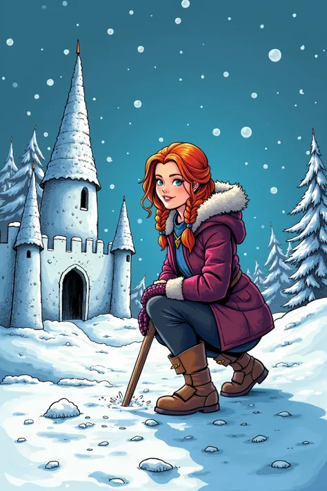 Sansa Stark making a snow-castle while it is snowing
Use classic comic-style inking, with bold outlines and vibrant colors, polished with a glossy digital finish. The image should be highly detailed and should use contrasting light effects
