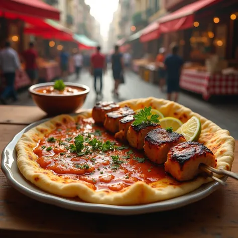 A traditional Turkish kebab wrapped in flatbread, and in front of it, a Turkish lahmacun dish.