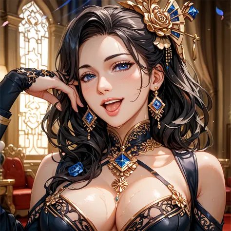 (( top quality)), ((masterpiece)), ( Details), （ perfect face）、The woman who went from being a concubine in Harlem to becoming a regular wife is a dark-haired Mikasa Ackerman in a luxurious room, wears gorgeous jewelry accessories, looks like a Chinese wom...