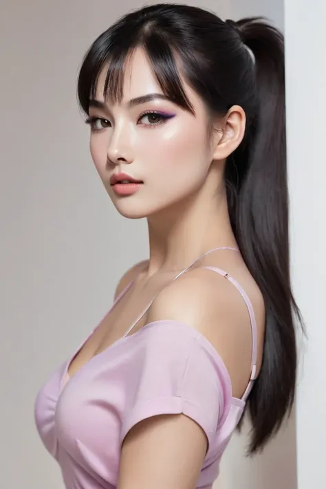 ( on her face A woman with delicate features and fair skin , with Asian features. The face is slightly rounded,  with soft cheekbones .  The eyes are large and expressive ,  with purple makeup and black eyeliner that accentuates the look.  The eyebrows are...