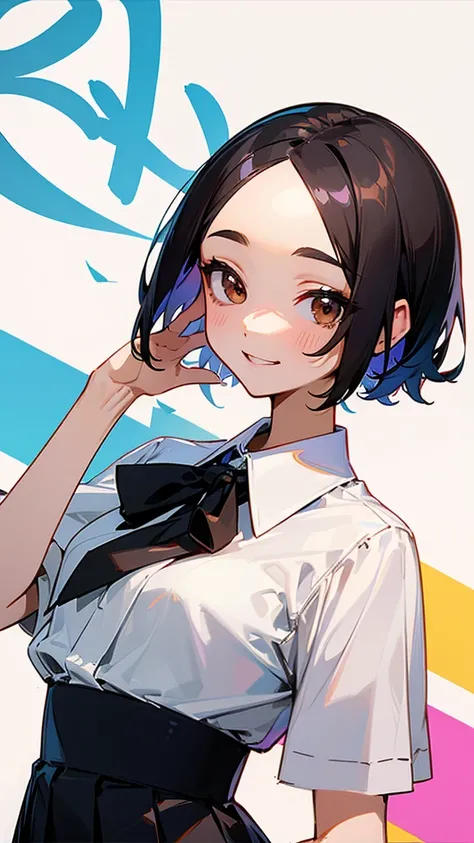  One personの女の子、One person、 shiny black hair 、 shorthair、 stick out your forehead、Beautiful brown eyes、white short sleeve blouse shirt、 pleated skirt 、 upper body closeup、彼氏に会ったときの私の外見はI really like it、I really like it、smile