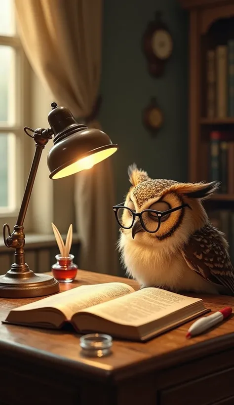 Wearing small glasses 、肌触りの良いニットのベストを着た愛らしい擬人化されたフクロウがDozing offシーン、 an anthropomorphic owl sitting at a wooden desk in the den where warm light shines in 。 An open book on the desk 、parchment、 inkwells with quills are scattered 。The owl is leaning slightl...