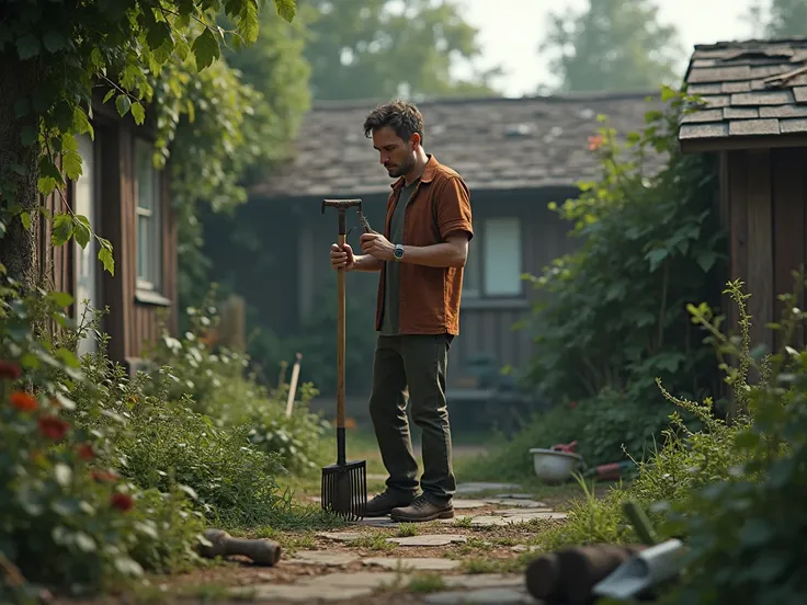 Make an image showing a dirty garden and in the background a man standing annoyed with a broken rake