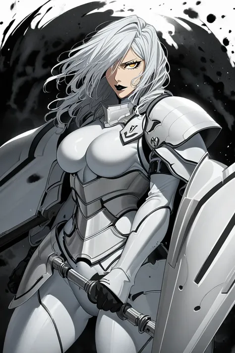 1girl, solo, bleach, mature, curvy, medium breasts, big hips, medium hair, wavy hair, white hair,  yellow golden eyes, long bangs cover one eye, black lipstick,White bodysuit, silver gray shoulder pads, black cloak, silver gray Thigh high armor boots, blac...