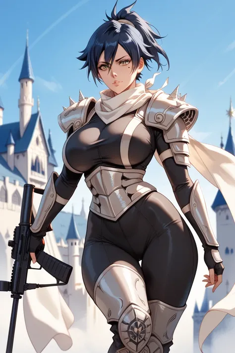 1girl, solo, bleach,mature, tomboy, curvy, big breasts, wibe hips, dark blue hair, yellow eyes, spiky hair, short hair, ponytail, bangs, mole under eye, white scarf, armor shoulder pads, metal armor Thigh high Combat boots, black bodysuit, holding crossbow...