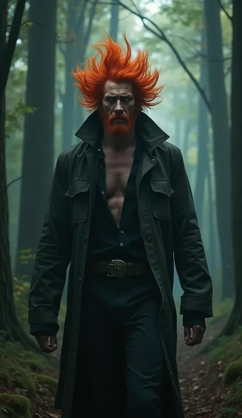  "Generate an image of a man with fiery red hair and feet turned back.  He must have a wild and frightening appearance ,  with disheveled red hair and a determined and threatening expression .  The man must be in a dense and dark forest environment , with ...