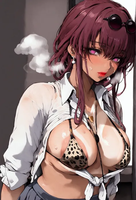 Mamimi style, Kafka, purple hair, purple eyes, GYARU, TIED SHIRT, OPEN CLOTHES, BIKINI, LEOPARD PRINT,(school uniform:1.3),1female, large breasts,tanlines, dark-skinned female,(steam, Sweat), Kafka, purple eyes, purple hair, bangs, sidelocks, eyewear on th...