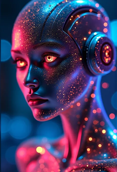 A luminescent digital avatar, exuding an aura of advanced technology and sophistication, remains frozen in an image of pixelated perfection. This striking image, resembling a hyper-realistic digital painting, shows intricate circuitry patterns glowing in v...