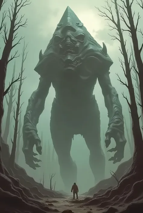 Concept art d’un monstre extraterrestre géant; corps pyramidal avec plusieurs visages; corps minéral; décor de forêt ravagé.