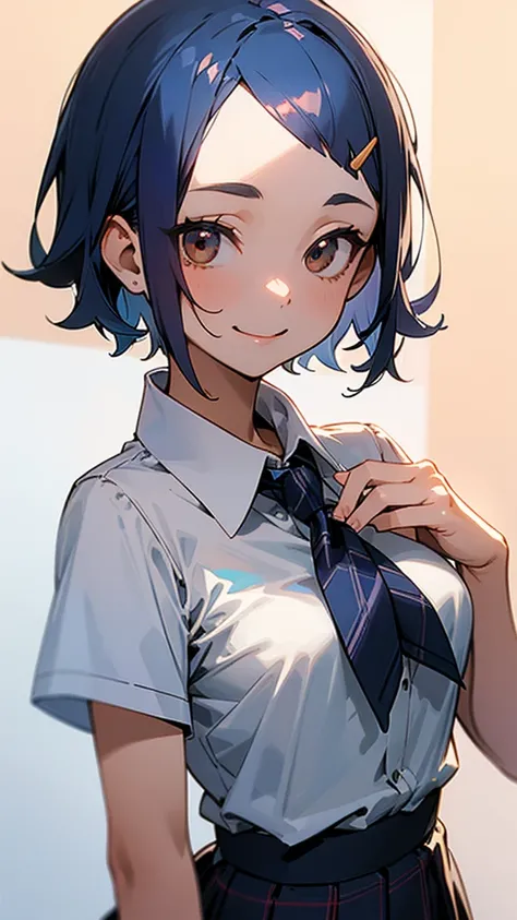  One personの女の子、One person、Dark blue hair、 shorthair、 stick out your forehead、Beautiful brown eyes、white short sleeve blouse shirt、 Plaid Pleated Skirt、 upper body closeup、wicked smile、 Classroom Background 