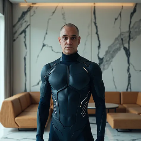 cinematic photograph of a bald man with dark eyes wearing a futuristic navy blue cyber suit standing in a room with futuristic wooden furniture and white marble walls with black veins