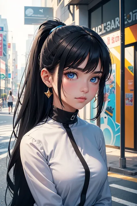 Create a digital illustration of a teenage girl with long, jet-black hair tied up in a high ponytail that cascades down her back in sleek, shiny waves. Her bangs softly frame her youthful, heart-shaped face, emphasizing her delicate yet spirited features. ...