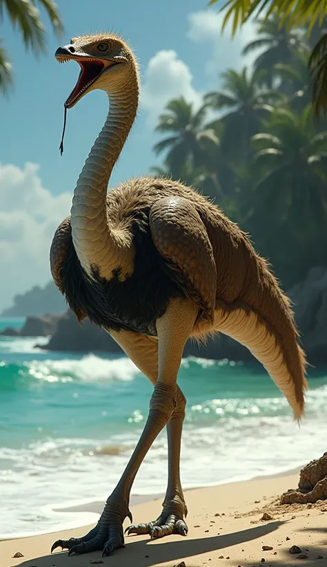 Design a  hybrid creature that combines the features of a black venom and a ostrich. The shape of black venom, white venom eyes and legs.and the skin of ostrich.. The background must reflect its dangerous nature, the beach side water and jungle with some t...