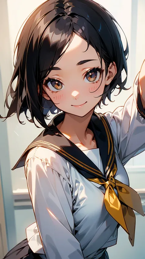  One personの女の子、One person、 shiny black hair 、 shorthair、 stick out your forehead、Beautiful brown eyes、Sailor school uniform、 upper body closeup、happy、smile