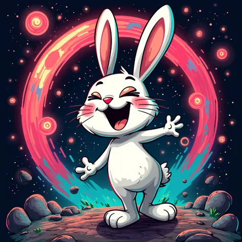 Elegant graffiti inscribed crazyy bunnyhppyness  ,  background logo electric circle galaxy illustrated cute spooky bunny