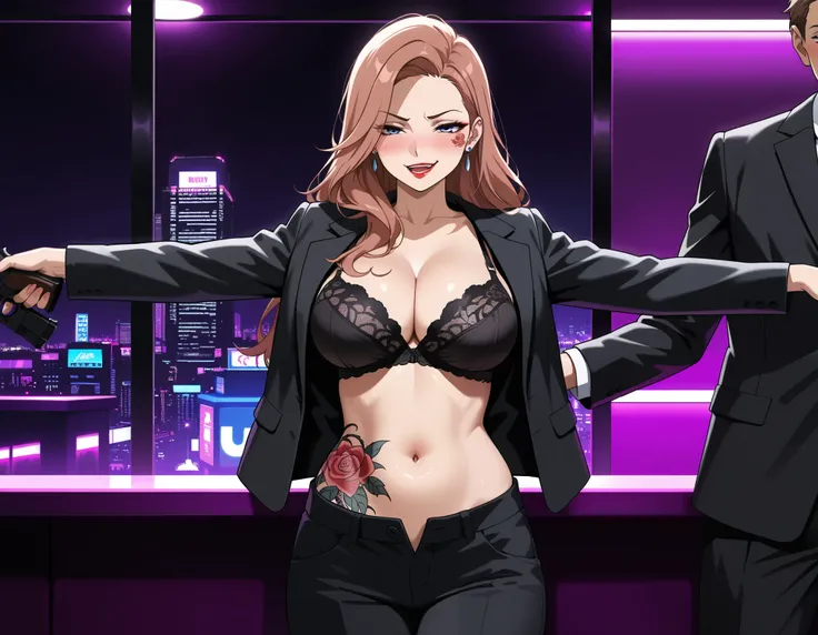 Manami, Suda_Def, brown hair, pink hair, long hair, blue eyes, long hair, earrings, red lips, large breasts, ear piercing, long hair, blush, lipstick,Hot girl, baddie, smoking, sensual, attractive, , cityscape, , nightclub, , city lights,,bar background, i...