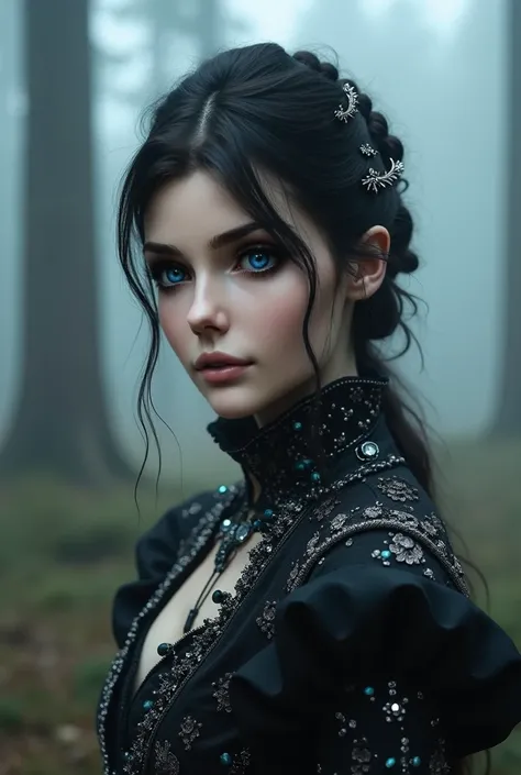 "Dark-haired young woman with pale, flawless skin and piercing light blue eyes, standing in a mysterious forest shrouded in fog. Her hair is styled in a loose, elegant bun with small silver ornamental accessories woven into it, reflecting her ethereal and ...