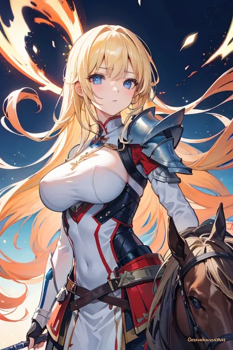  1 girl ,  long hair,  looks back ,  high definition , anime, Character portrait,  Big Breasts , A spear with two hands,Slanted Eyes,  ACTION PAINTING, Blonde,  blue eyes, armor, horse riding,  Proximity Method, 