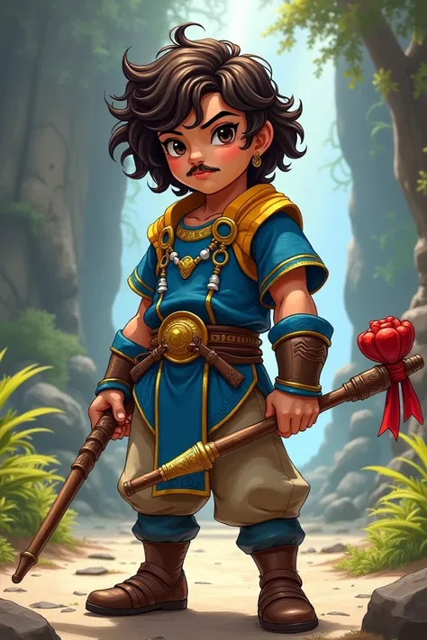  Young RPG adventurer , brunette,  curly black hair ,  goatee and thin mustache ,  Mayan blue armor with yellow strokes , In the hand a wooden magic wand , with a red bow, In the other hand,  a gorgon horn that can be played like a scream 