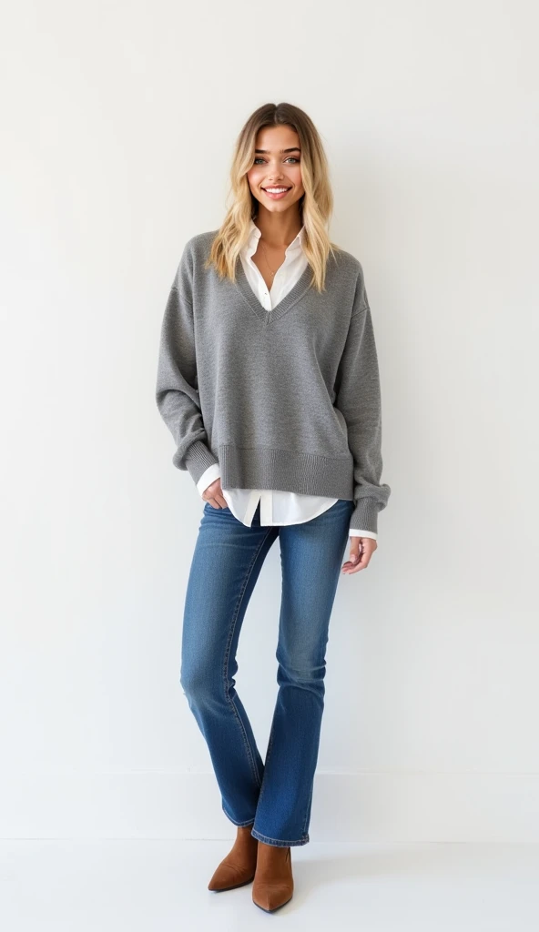 Beautiful (((Latina))) girl named Luna, (((full body shot))), (((full body))), middle length blond gradient hair, bob cut hairstyle, wavy and straightened hair, 20 years old, light tanned, playful smiling, wearing Zara oversized gray cashmere sweater with ...