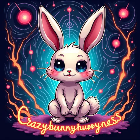 Elegant graffiti inscribed crazyybunnyhppyness  ,  background logo electric circle galaxy illustrated cute spooky bunny