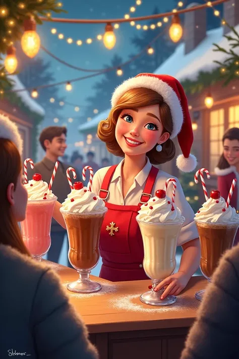 Generate an image of the sale of Christmas-style iced milkshakes