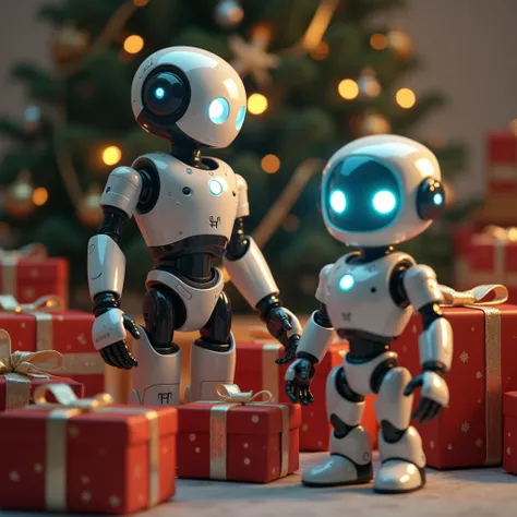 Robots in Christmas Wrapping"
A futuristic robot standing amidst unwrapped presents. One robot transforms into a different shape, while another interactive robot lights up. A smiling  plays with one of the robots in the background.8k
