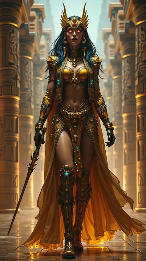 Character (Fusion of Cleopatra and Cyberpunk Hacker): A powerful fusion of Cleopatra and a cyberpunk hacker, blending ancient Egyptian royalty with futuristic technology. The figure wears Cleopatra’s iconic golden and jewel-adorned attire, along with a hig...