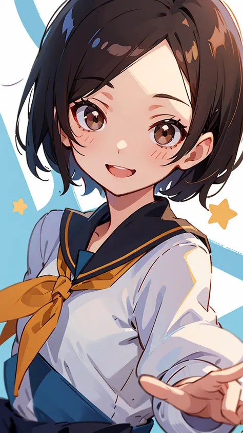  One personの女の子、One person、 shiny black hair 、 shorthair、 stick out your forehead、Beautiful brown eyes、Sailor school uniform、 upper body closeup、happy、smile