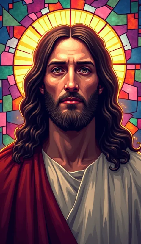 **Prompt:**  
"An 8-bit pixel art image focusing on the face of Jesus with detailed features. The background showcases a vibrant and colorful mosaic of stained church glass. Jesus clothing is designed to contrast with the vivid colors of the glass, creatin...