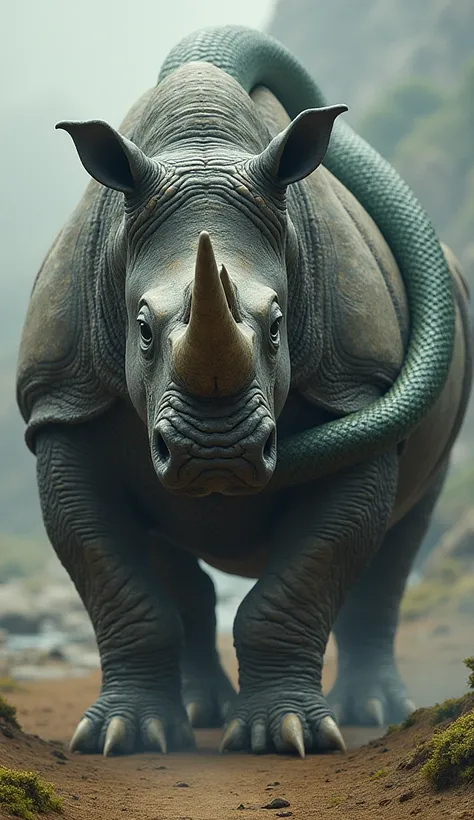 The giant rhinoceros and the giant snake combine their powers to form a terrifying creature. The thick, metallic armor of the rhinoceros clings to the snakes slender but deadly body, while the horns protrude from the snakes head and sharpen like a huge spe...