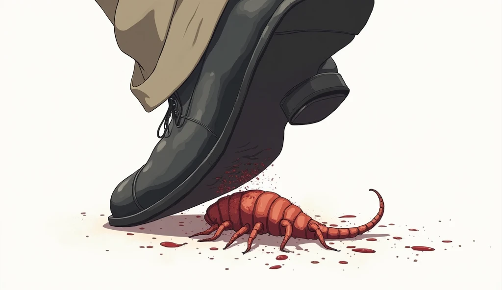 Anime, a maggot getting squashed under a mans shoe, the background is white 