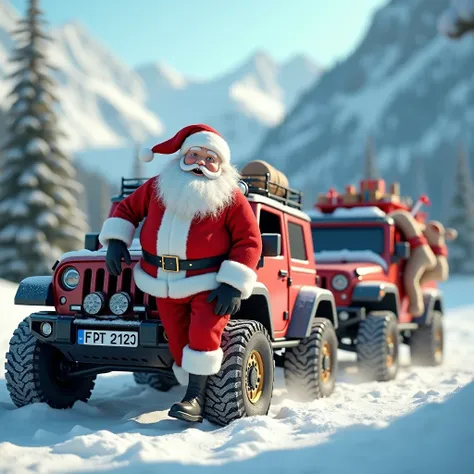 Create an image where Santa leaves his sleigh to get on a 4x4 car