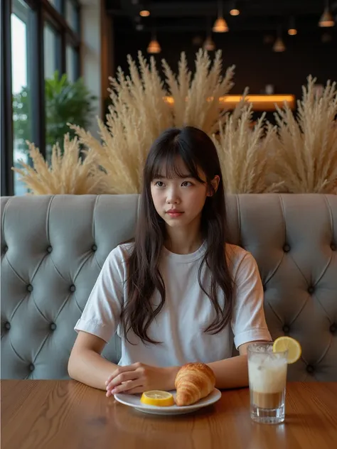  The image shows a 14-year-old girl with big, dark hair sitting in a modern and elegant environment .  The person is dressed in a white t-shirt and light pants , y has long, loose hair .  In front of her is a wooden table with a croissant on a plate and an...