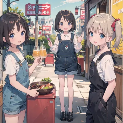 、pretty girl、Overalls、A happy smile、beautiful Background, Four Girls、スカートめくり