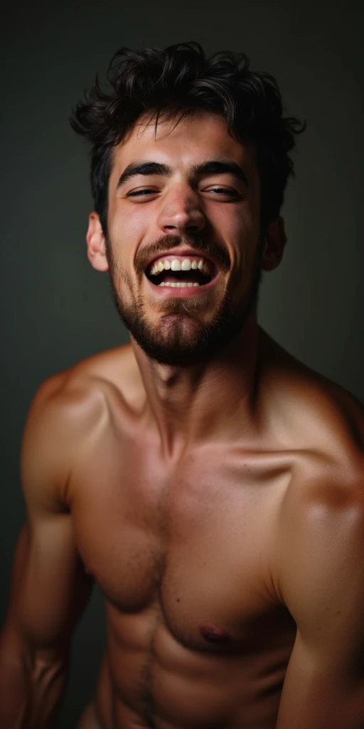  it creates an image of a man with the face of the man in the photo,  You must be without clothes , the naked torso, chest hair , very sexy appearance, very attractive,  the man must be expressing satisfaction with an orgasm.