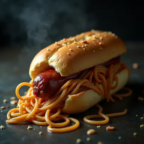 Create a chilling, unsettling image of a monstrous fusion between a hot dog sandwich and spaghetti. The hot dog sausage is grotesquely intertwined with thick, slimy spaghetti noodles, forming a single, nightmarish entity. The bun is torn and distorted, bar...