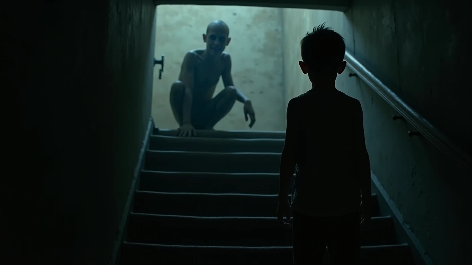 On the right side of the photo, a young boy stands in silhouette atop stairs in a dark house, dim tungsten light shining from below. The boy faces us, peering into the darkness. Frame left, in the background a contorted emaciated figure crouches waiting in...