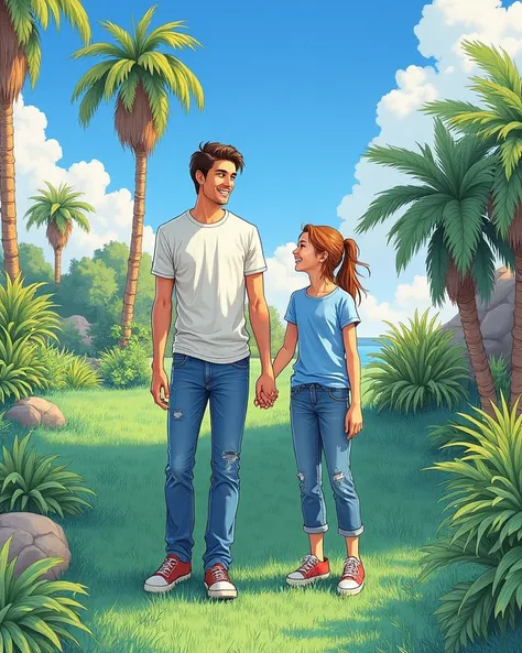  The image shows two people ,  a 30-year-old man and a 14-year-old girl interacting in an outdoor environment.  Both are standing on a green lawn .  The girl is wearing a light blue t-shirt and jeans ,  while the man wears a white t-shirt and blue jeans . ...