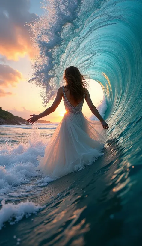  dream wave , Vortex,   beautiful woman , elegant , colorful, crystal dress, air , wind, storm, retro lighting ,  view from the front of the camera