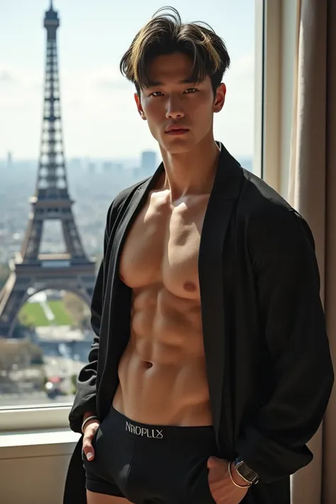 real Korean young man with black hair and some blonde with the body of a bodybuilder and in a room with a view of the Ifel tower and full body and dressed in a robe and in full body boxer shorts