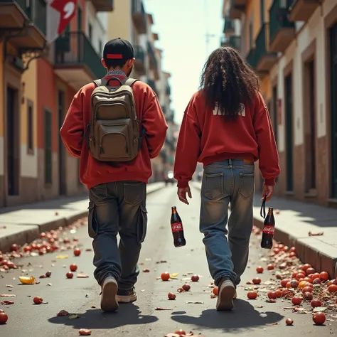 Two rappers from southern Spain , with their classic loose-fitting clothing, Seen from behind,  walking down a street. They kick Coca-Cola bottles and destroy objects in their path , creating an environment of chaos and rebellion .