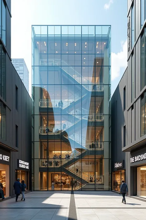 Modern façade for a two-storey commercial market made of pure glass in the center, electric stairs and surrounding shopping stores. 