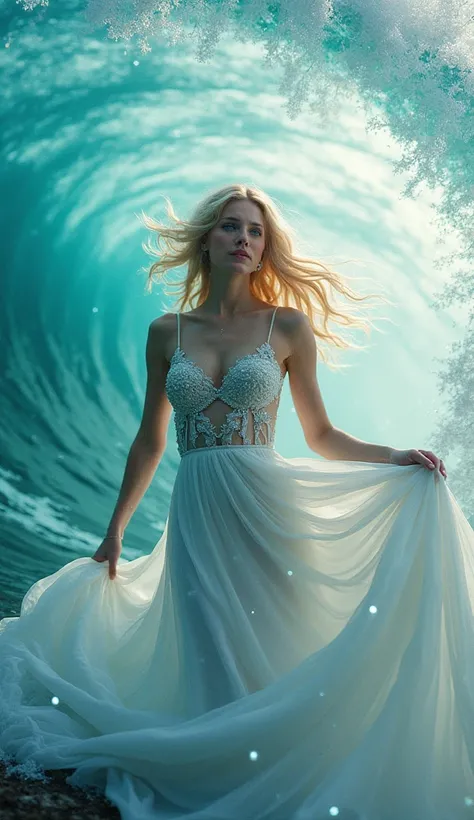  dream wave , Vortex,   beautiful woman ,,  blonde blue eyes ,  white skin , elegant , colorful, crystal dress, air , wind, storm, retro lighting ,  view from the front of the camera