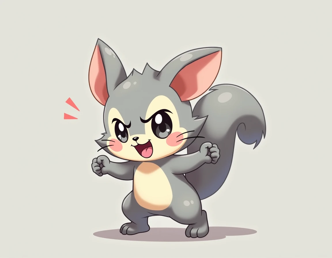 Generate a very simple Pokemon-style baby squirrel with cute cheeks, gray background, Giving a kick and an angry face