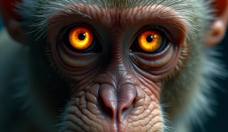 frontal close up macro zoom of a monkeys eyes, reflecting in the iris many lights of surgical Lights, spots, scattering, brightness, shadows, harsh, shimmering, ray tracing reflections, lumen reflections, screen space reflections, diffraction grating, chro...