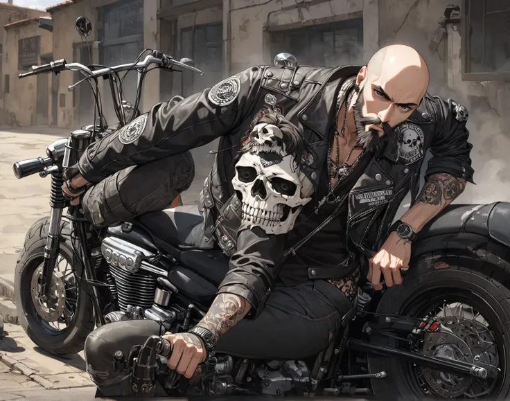 boy, skull head, Motorcycle club, high, skinny,  short hair, the beard is shaved, leather vest