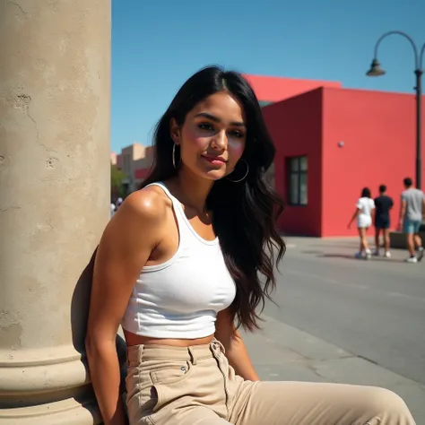 A young Latina woman, 30 years old, sitting casually on the ground in front of a large stone pillar. She is wearing a white tank top paired with beige pants, creating a clean and relaxed look. Her long, wavy black hair cascades over her shoulders, framing ...