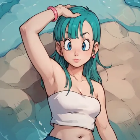 source_anime, 1 woman, Bulma, long hair, breasts,  by the water, belly button,   bare shoulders, earrings, bracelet, Lips,   crop top, hand on hip, strapless,,  showing her armpits, raising arms to the sides, chubby