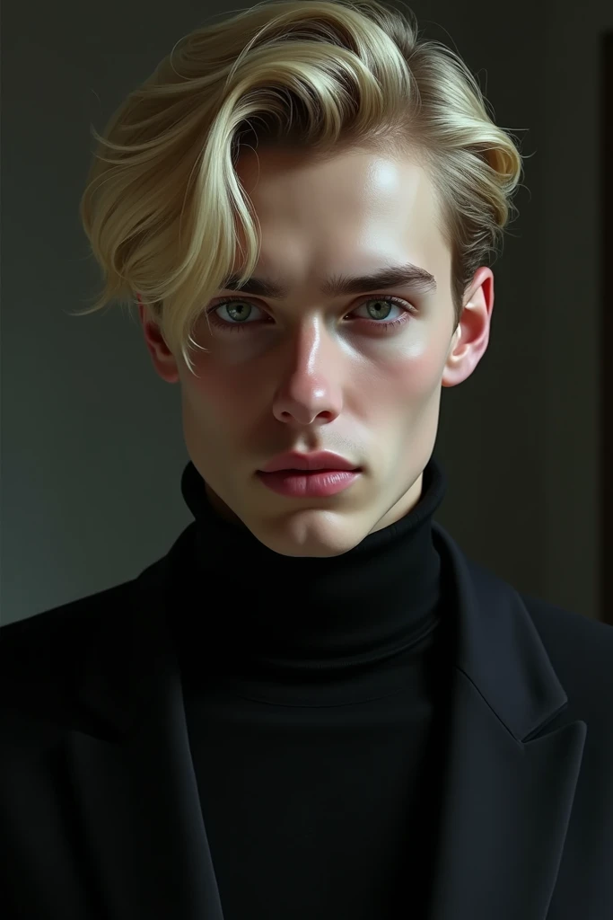 24-year-old boy, blonde,  wearing a black turtleneck suede blouse, he is beautiful,  but the eyes of a bad person , Like movie villain 